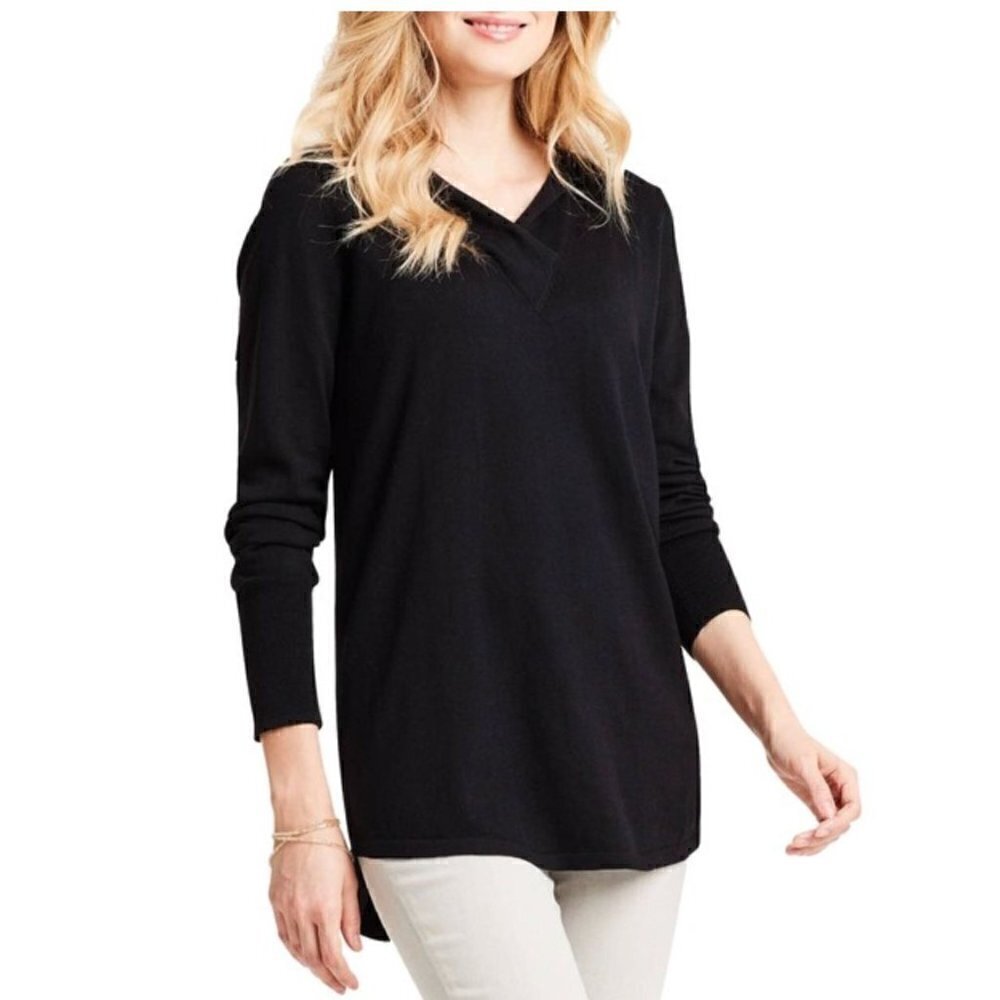 NIC+ZOE Vital Hoodie V-neck Long Sleeve Knit Black Sweater NWT
